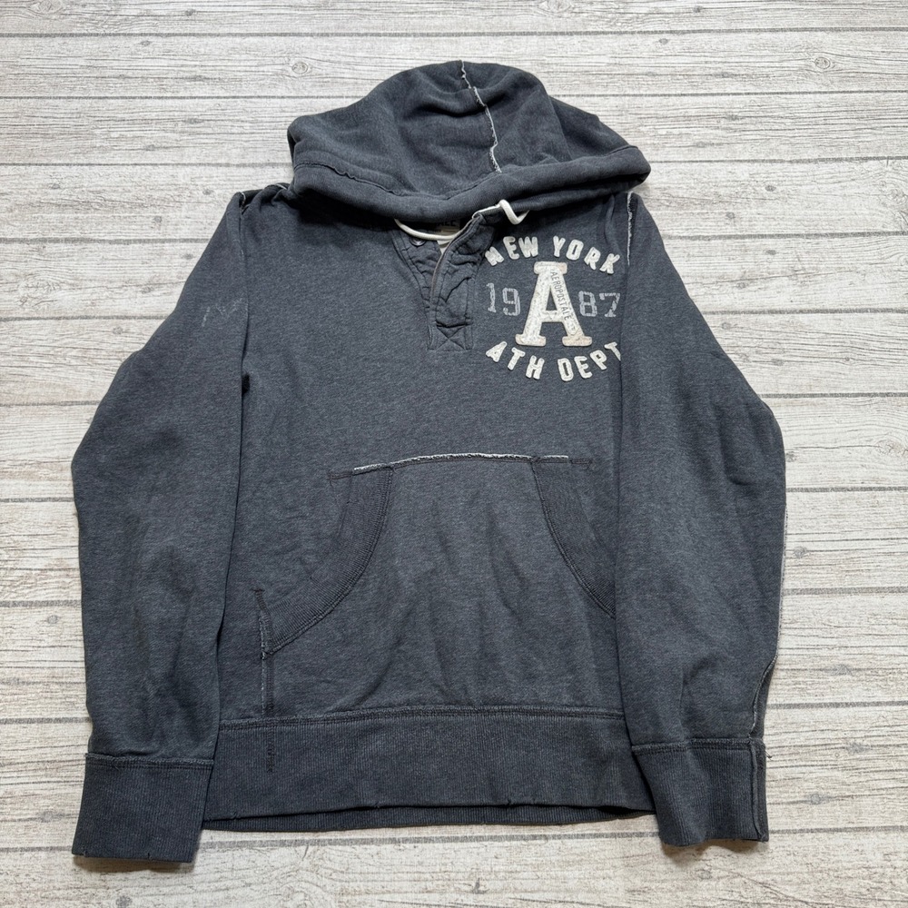 Y2K Aeropostale Hoodie Men's Medium Gray Fleece Lined Henley Pullover Streetwear